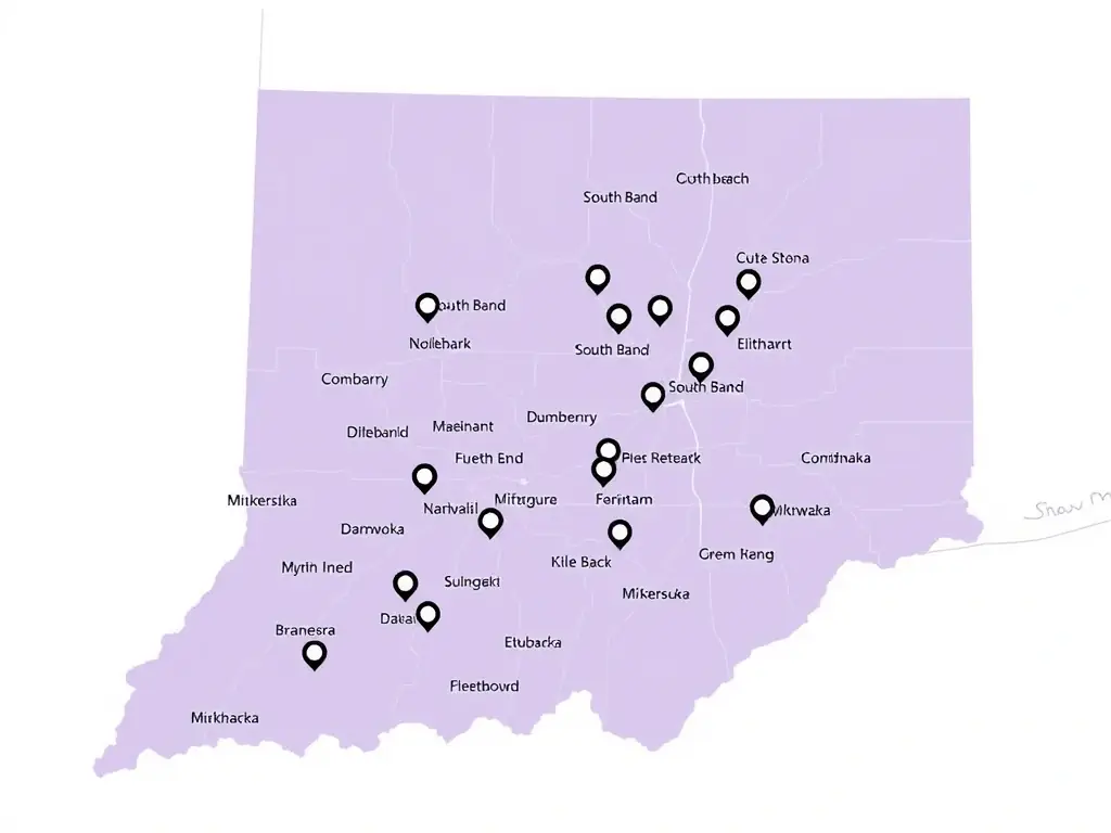 A detailed map highlighting Northern Indiana, focusing on cities like South Bend, Elkhart, and Mishawaka, with markers indicating Dry Zone Mitigation's service availability.