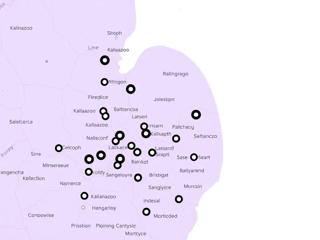 A detailed map highlighting Southern Michigan, focusing on cities like Kalamazoo, Battle Creek, and St. Joseph, with markers indicating Dry Zone Mitigation's service availability.