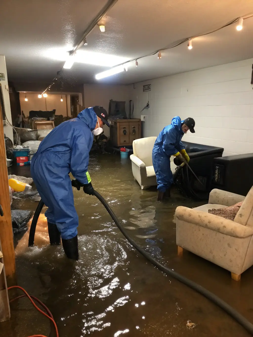 A photo showcasing Dry Zone Mitigation's team extracting water from a flooded basement in a residential home in Indiana. The team is using professional-grade water extraction equipment.