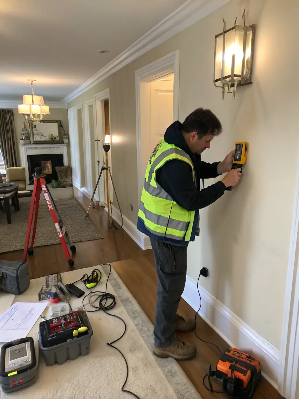 A picture of a technician inspecting for mold growth in a damp area of a home.