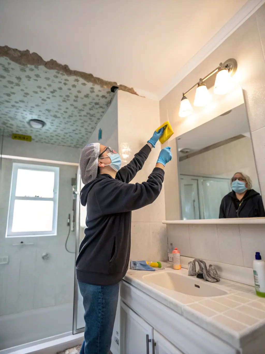 A photo showing Dry Zone Mitigation's certified mold remediation specialists safely removing mold from a water-damaged property in Indiana, wearing protective gear.