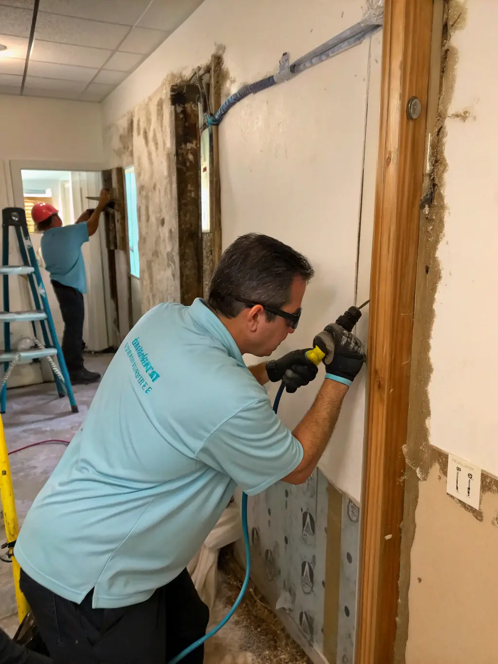 An image illustrating Dry Zone Mitigation's team performing structural repairs on a water-damaged wall in a commercial building in Michigan, ensuring the building's integrity.