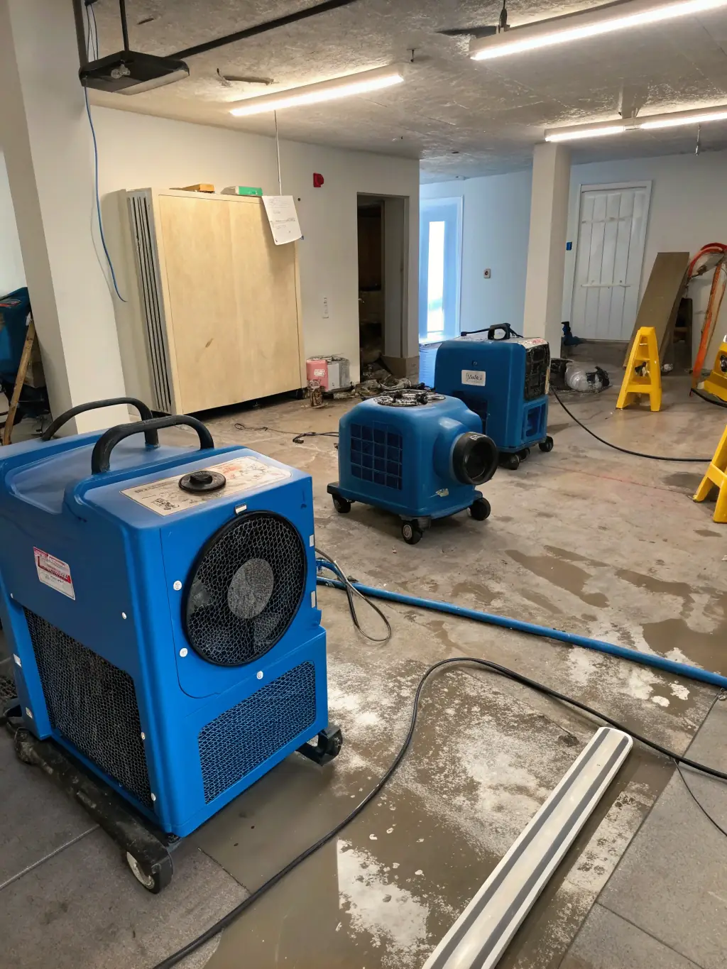 An image showcasing industrial-grade dehumidifiers drying out a water-damaged building.