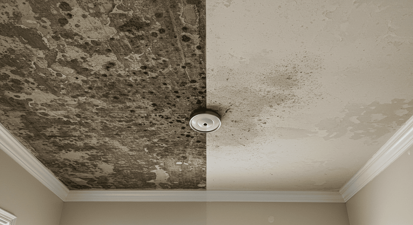 A before-and-after comparison of a ceiling affected by black mold, with the left side showing mold growth and the right side showing a clean, restored ceiling.