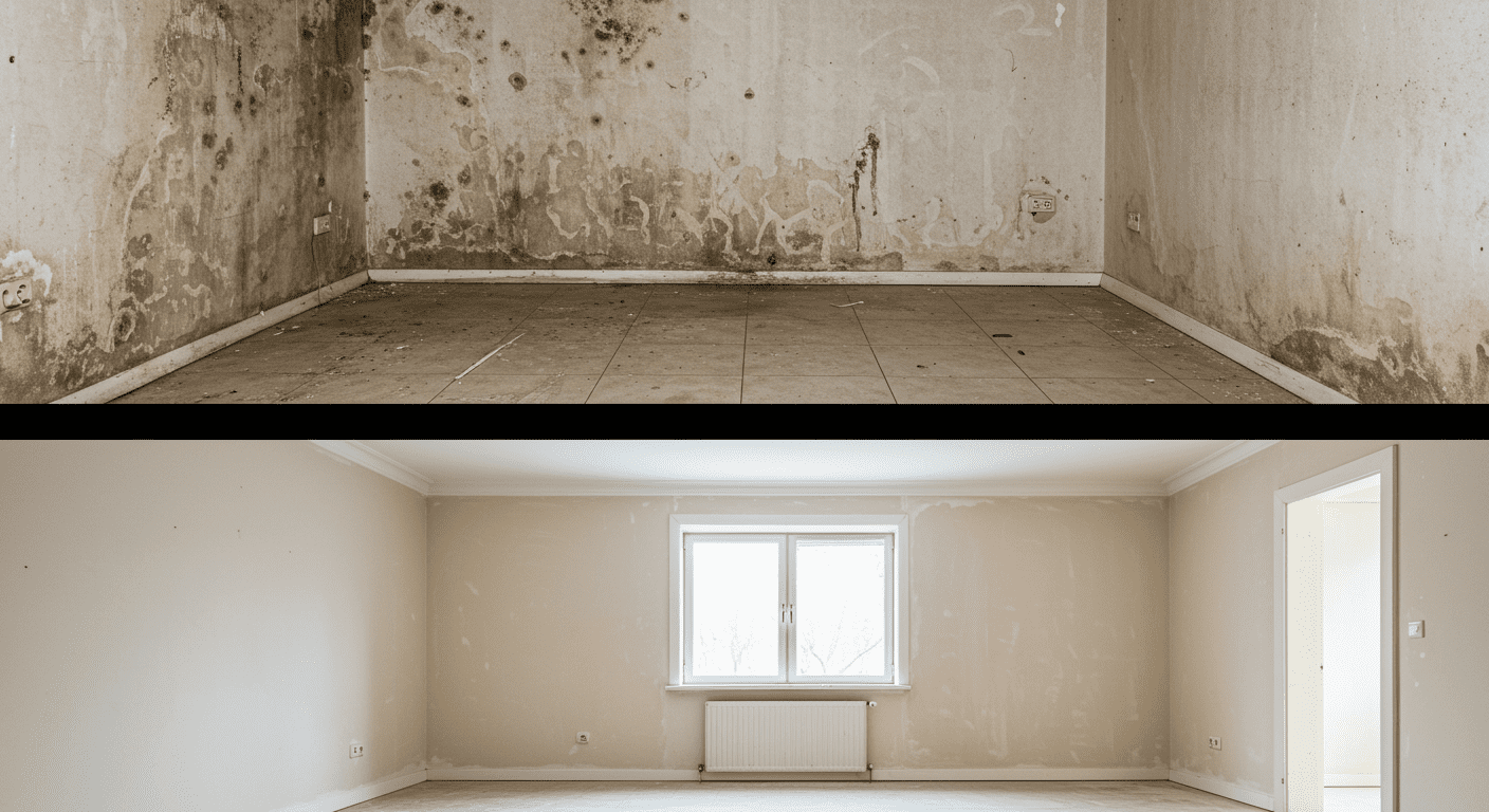 A split image showing a room before and after mold remediation, highlighting the transformation.