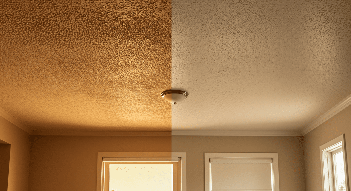 A split image showcasing a room with a popcorn ceiling on one side and a smooth, modern ceiling on the other. The lighting is warm and inviting, highlighting the transformation.