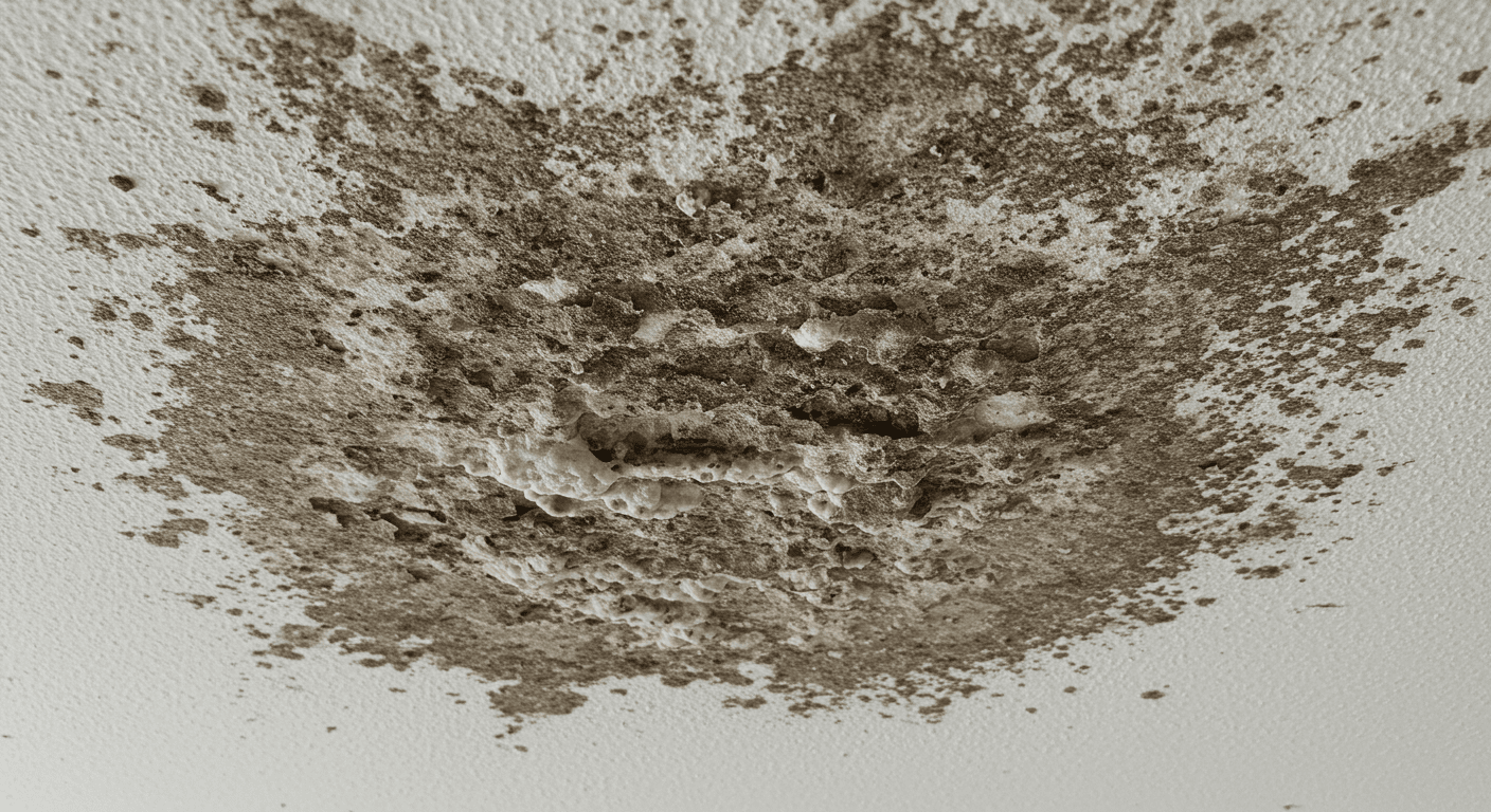 A close-up view of a ceiling with visible mold patches, showcasing the texture and color variations of the mold. The image captures the contrast between the moldy area and the clean ceiling, emphasizing the need for remediation.