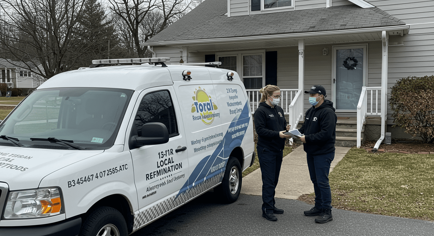 A local remediation company vehicle parked outside a home, with a team member interacting with a homeowner, fostering a sense of community.