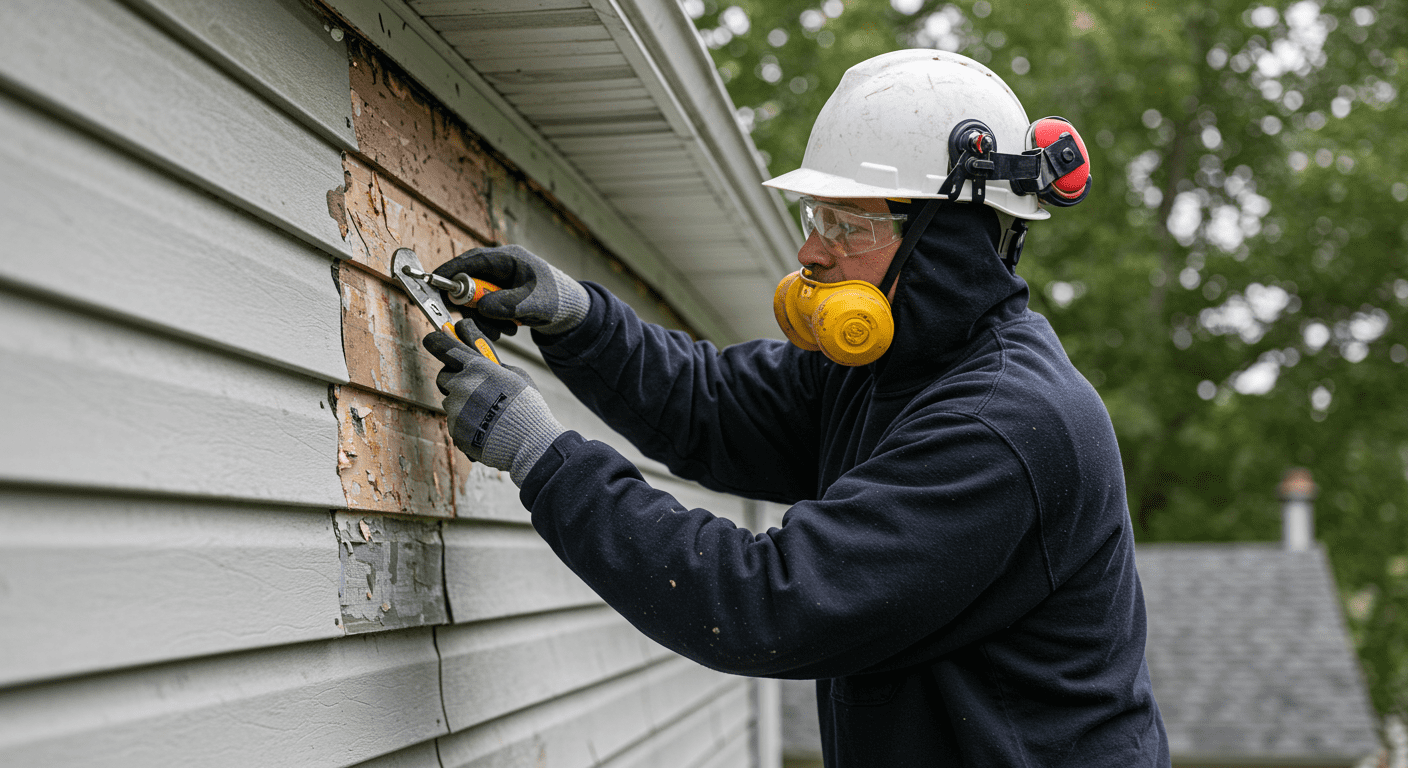 A professional contractor in full safety gear working on asbestos siding, with a focus on the tools and materials used for repair. The background shows a partially repaired section of the siding, emphasizing the repair process in action.