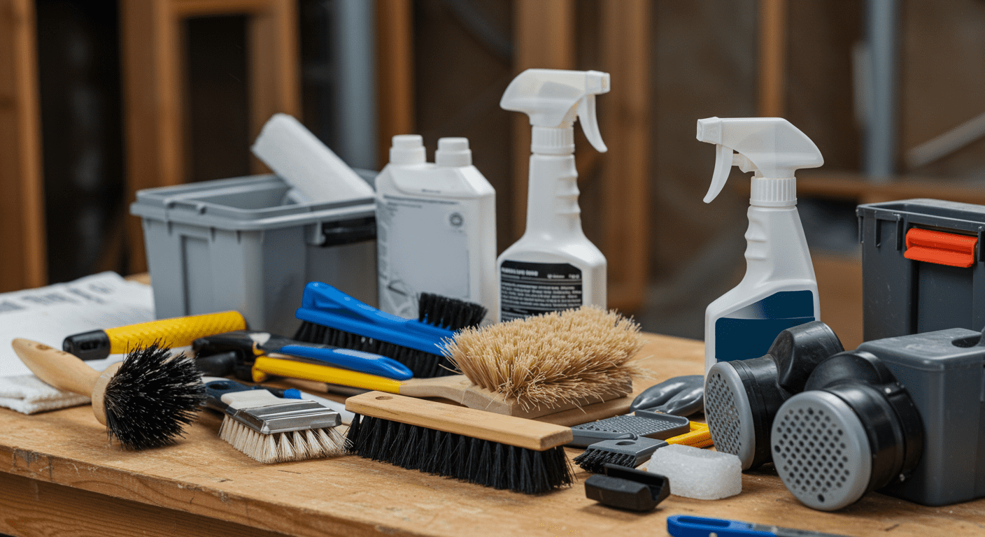 A close-up shot of various DIY mold removal tools and products laid out on a workbench in a basement. Items like brushes, sprays, and protective gear are featured, emphasizing the DIY approach to mold removal.