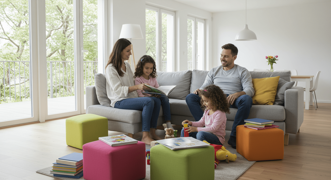 A happy family enjoying time together in a clean, mold-free living room, emphasizing the importance of a healthy home environment.