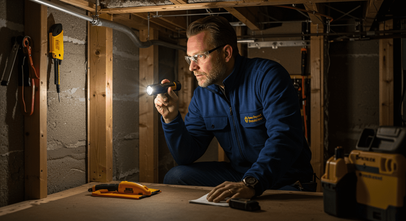 A professional home inspector examining a corner of a basement with a flashlight, looking for signs of mold. The inspector is focused, and the background includes tools and inspection equipment.
