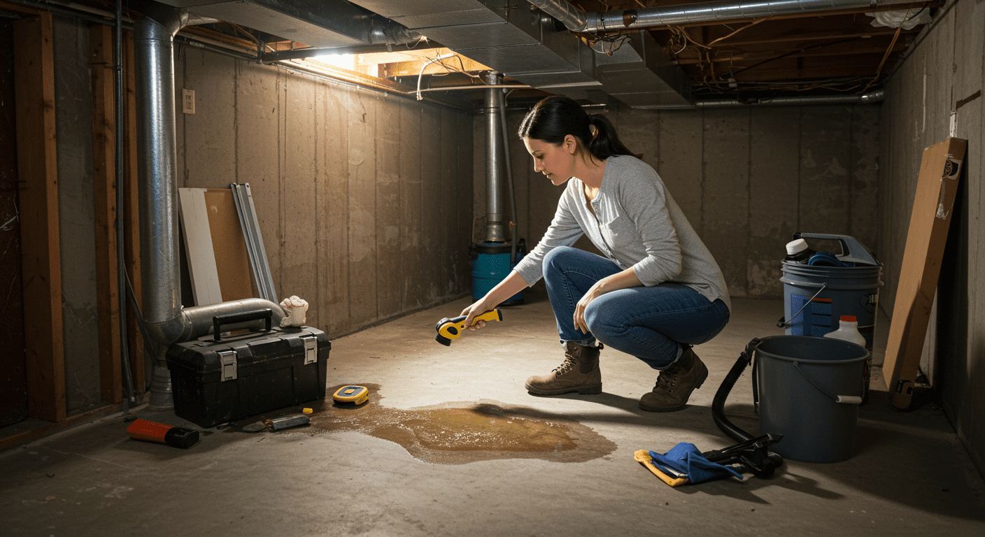 A homeowner inspecting their basement for potential water damage, with tools and moisture detectors visible.
