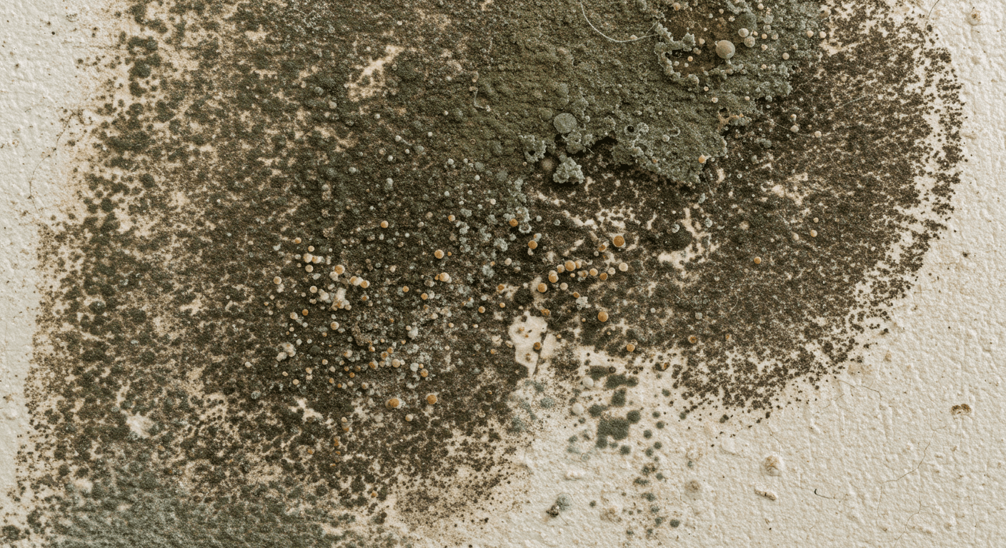 A close-up view of mold growth on a damp wall in a residential setting, showcasing different textures and colors of mold. The image captures the severity of the issue, emphasizing the need for inspection.