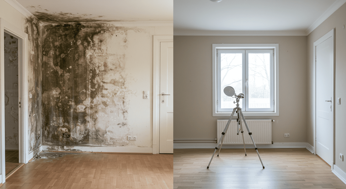 A split image showing a room before mold remediation (with visible mold) and after (clean and restored). This visual contrast emphasizes the effectiveness of professional services.