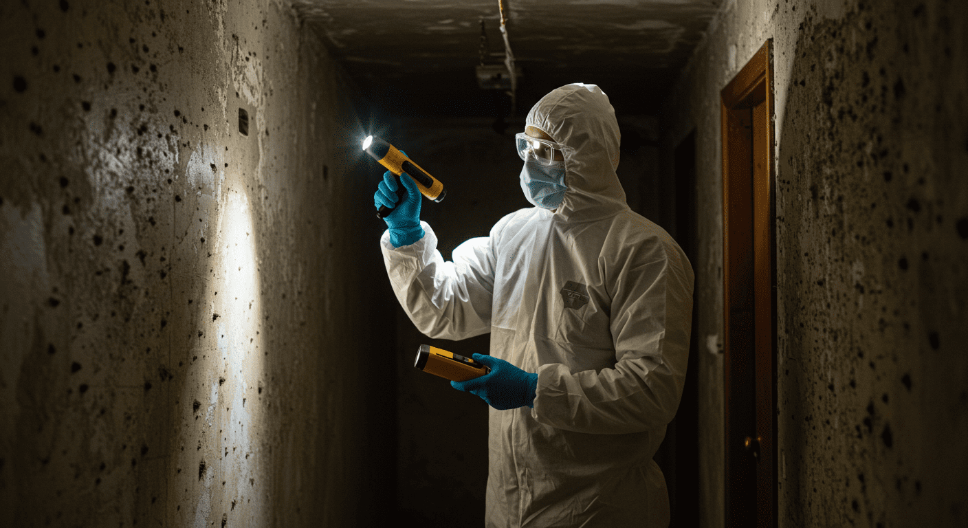 A professional in protective gear inspecting a home for mold, using a flashlight and mold detection tools. The setting is a dimly lit basement with visible mold patches on the walls.