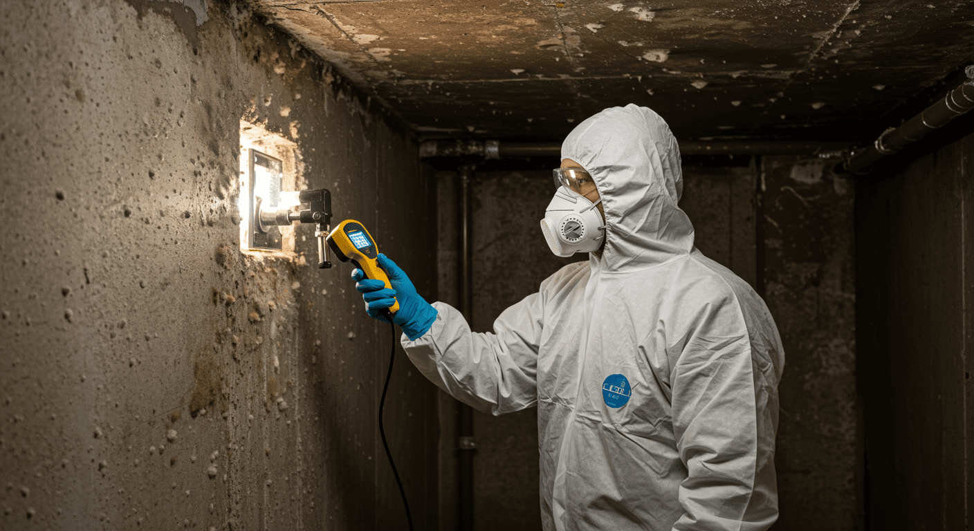 A professional mold remediation technician in protective gear inspecting a damp basement. The technician is using a moisture meter to assess the extent of mold growth on the walls.
