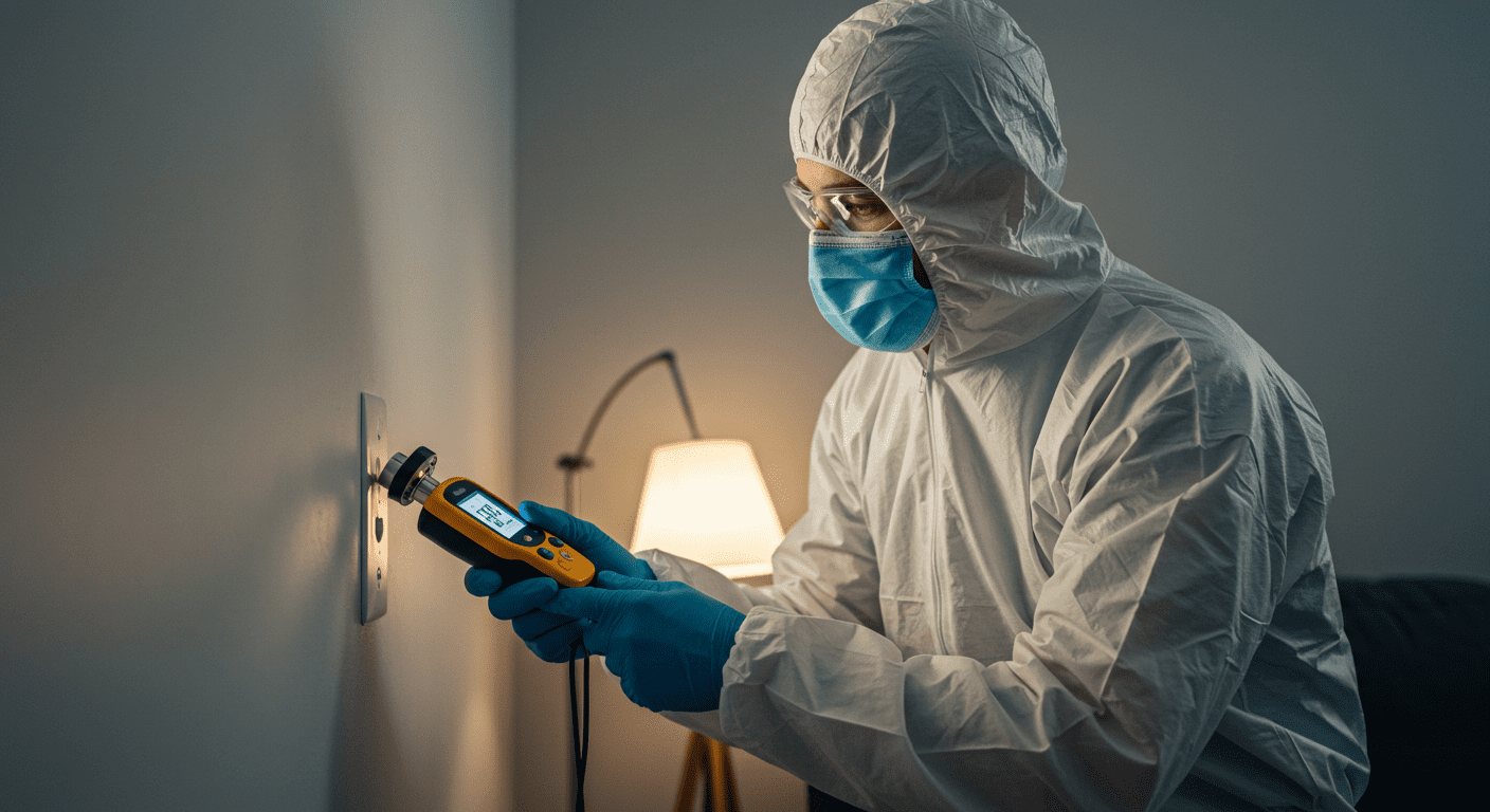 A professional mold remediation technician in protective gear inspecting a damp corner of a home, using a moisture meter.