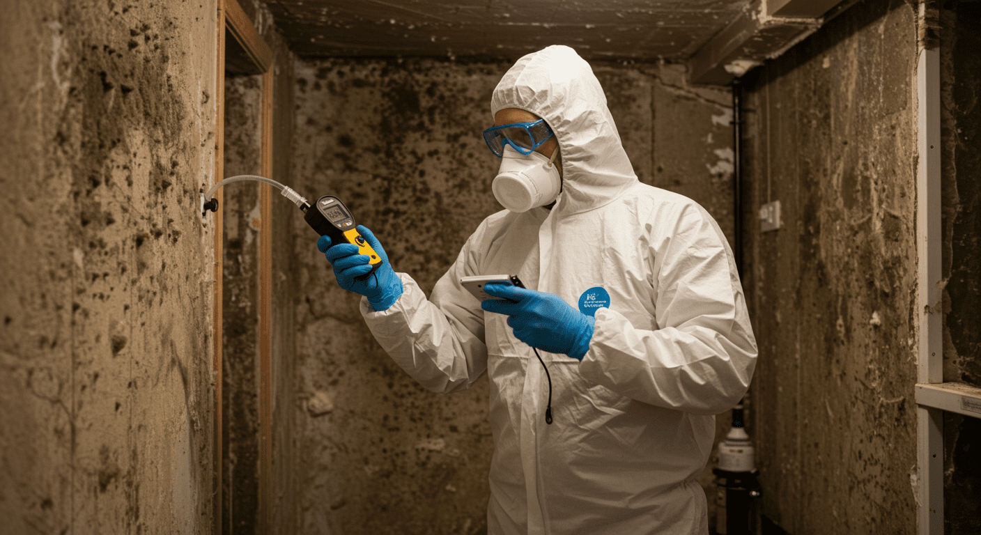 A professional mold remediation technician in protective gear inspecting a home’s basement for mold growth. The technician is using a moisture meter, with visible signs of mold on the walls.