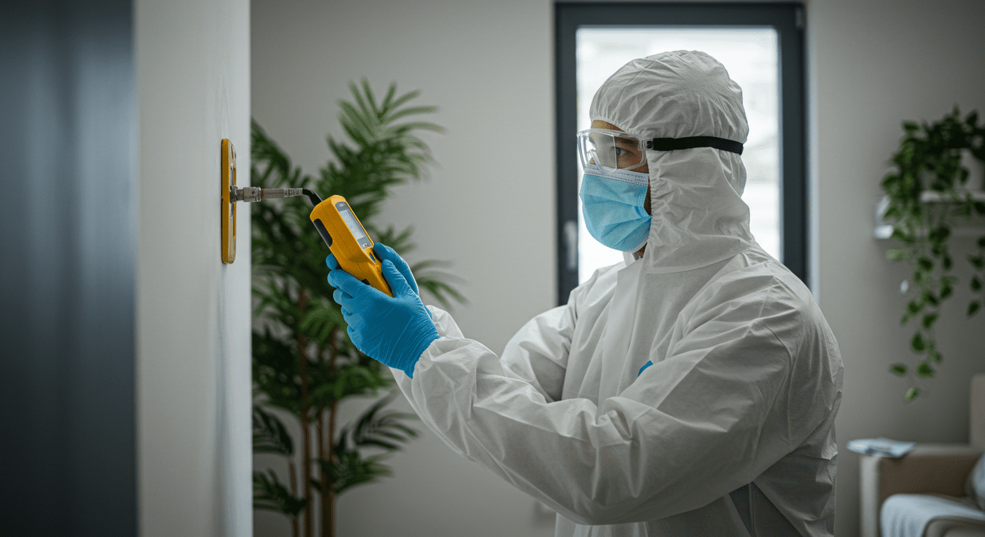 A professional mold inspector examining a wall with a moisture meter, wearing protective gear. The background shows a well-lit, clean indoor environment with plants, symbolizing good air quality.