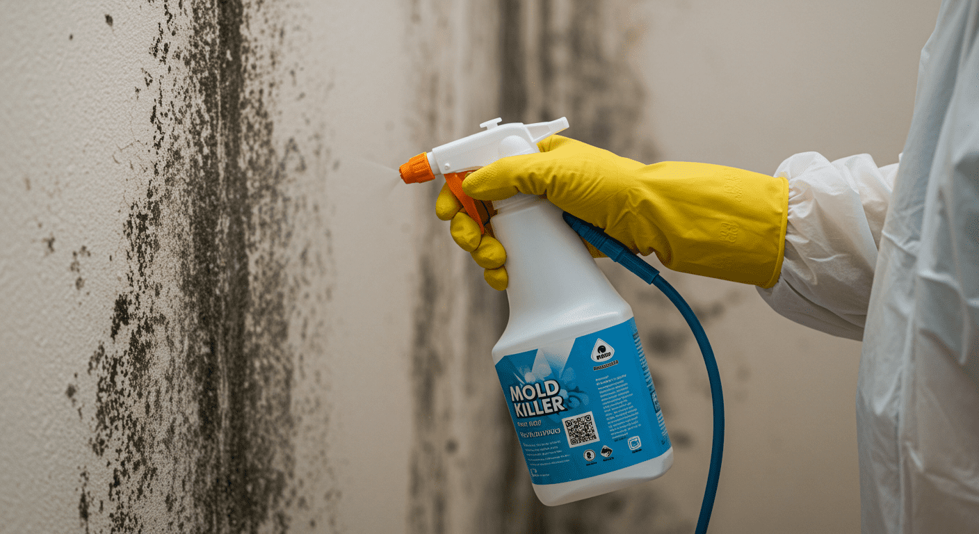 A close-up of a person wearing protective gear, applying a mold killer spray on a wall with visible black mold. The focus is on the action of cleaning, showcasing the product in use.