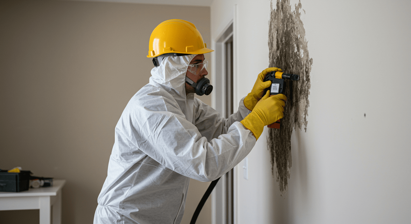 A professional contractor in protective gear actively removing black mold from a wall in a residential setting.