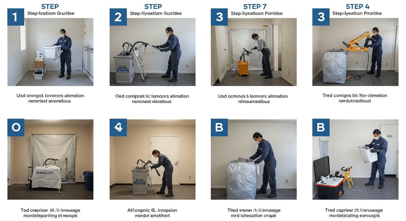 A step-by-step visual guide showing the mold remediation process, including containment, removal, and cleaning.