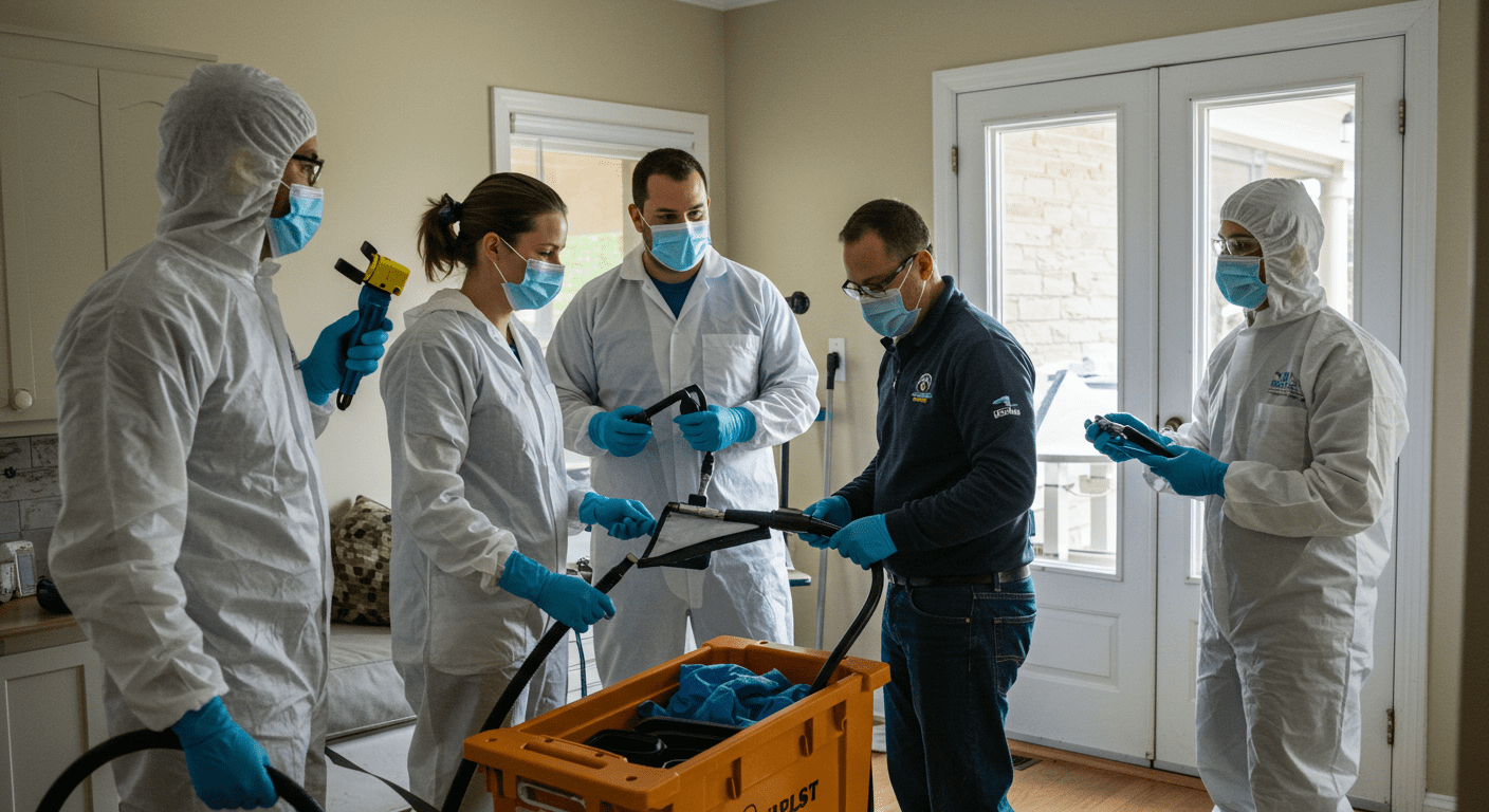 A professional mold remediation team working together in a residential setting, using specialized equipment to remove mold. The teamwork and professionalism are highlighted in this dynamic scene.