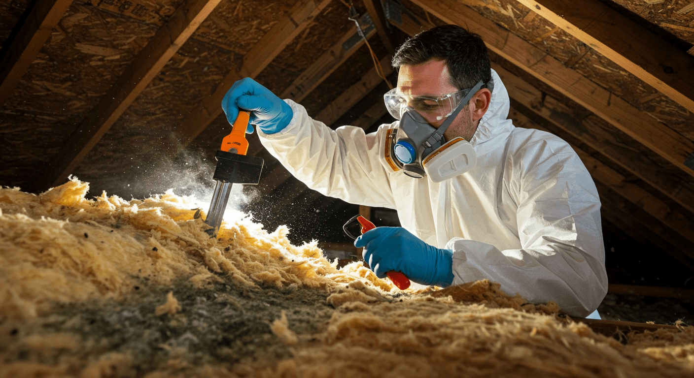 A professional mold remediation expert in protective gear, actively removing mold from attic insulation, emphasizing safety and professionalism.