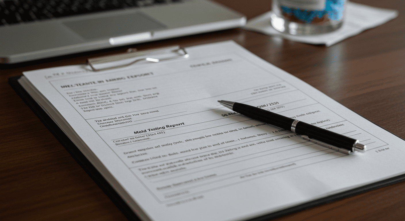 An open mold testing report on a desk, with a pen and a laptop in the background. This image represents the thorough analysis and professional service provided after mold testing.
