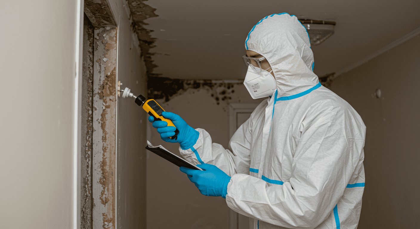 A professional mould remediation technician in protective gear examining a mould-infested area in a home. The technician is using a moisture meter to assess the damage.