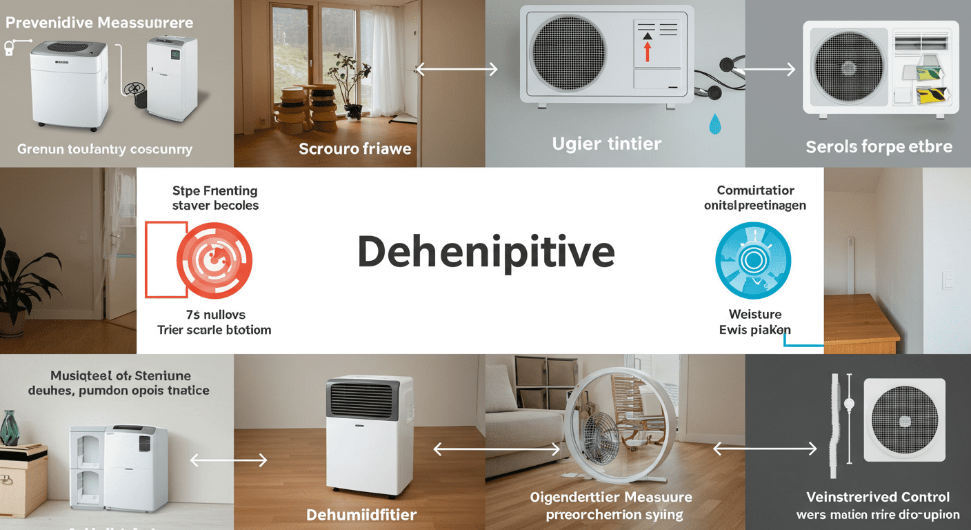 A visually appealing infographic-style image showing various preventive measures against mold, such as dehumidifiers, ventilation, and moisture control. The background is a serene home environment.