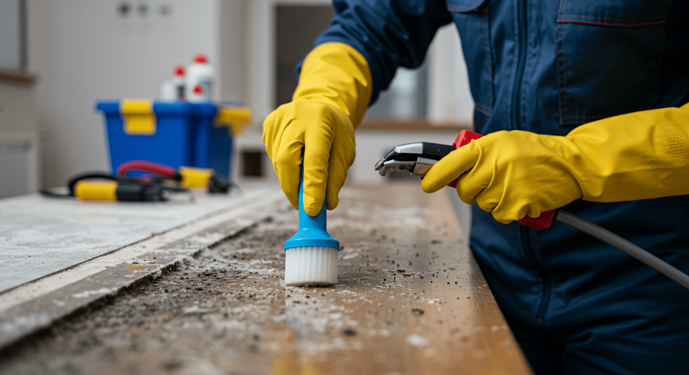 Close-up of a technician applying a specialized solution to a mildew-affected area, with tools and safety gear visible. The background shows a well-organized workspace, emphasizing professionalism and expertise.
