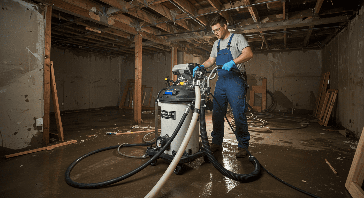 A professional water damage restoration technician in Elkhart, IN, using advanced equipment to extract water from a flooded basement.