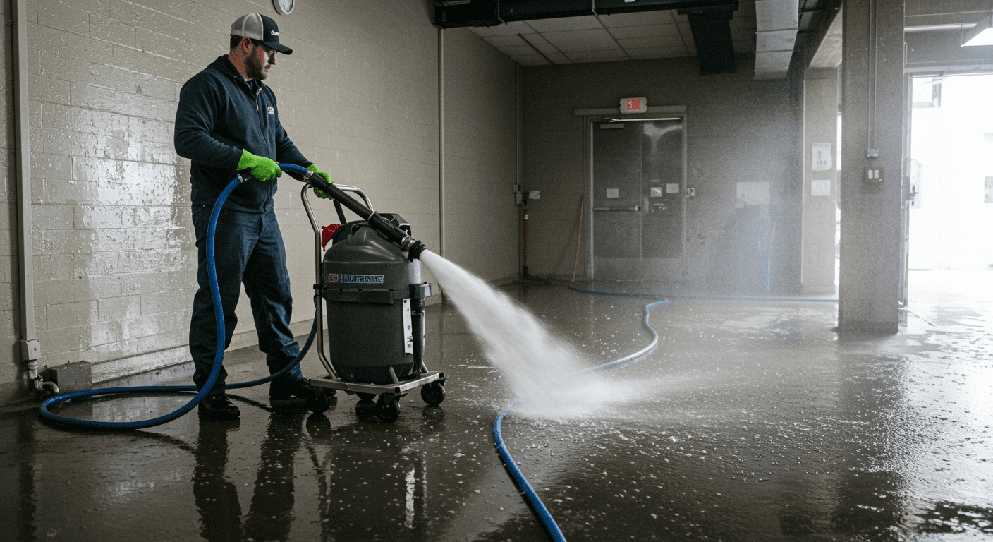 A professional technician using a powerful water extraction machine in a flooded commercial space. The image captures the technician in action, showcasing the equipment and the water being removed.