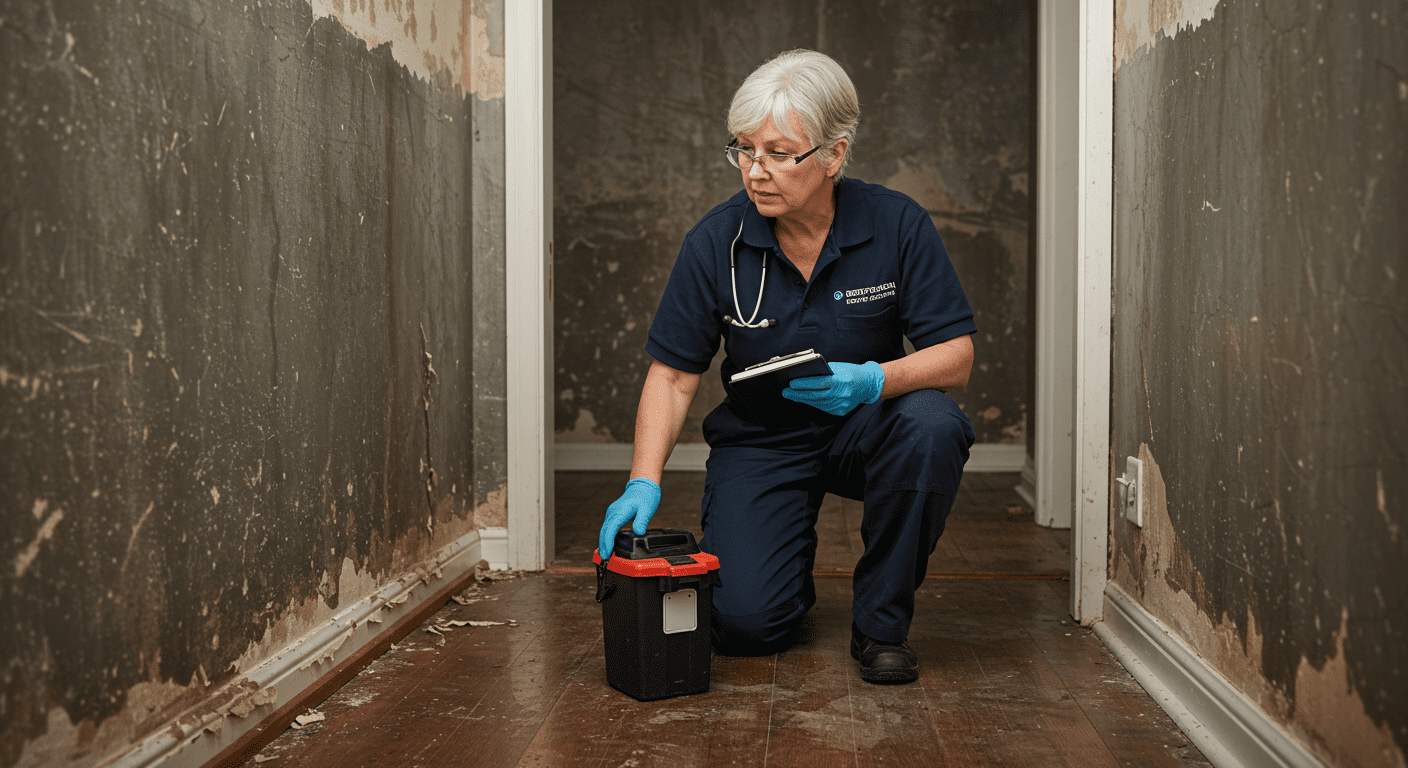 A professional restoration technician inspecting a water-damaged area in a home, with visible water stains on the walls and flooring.