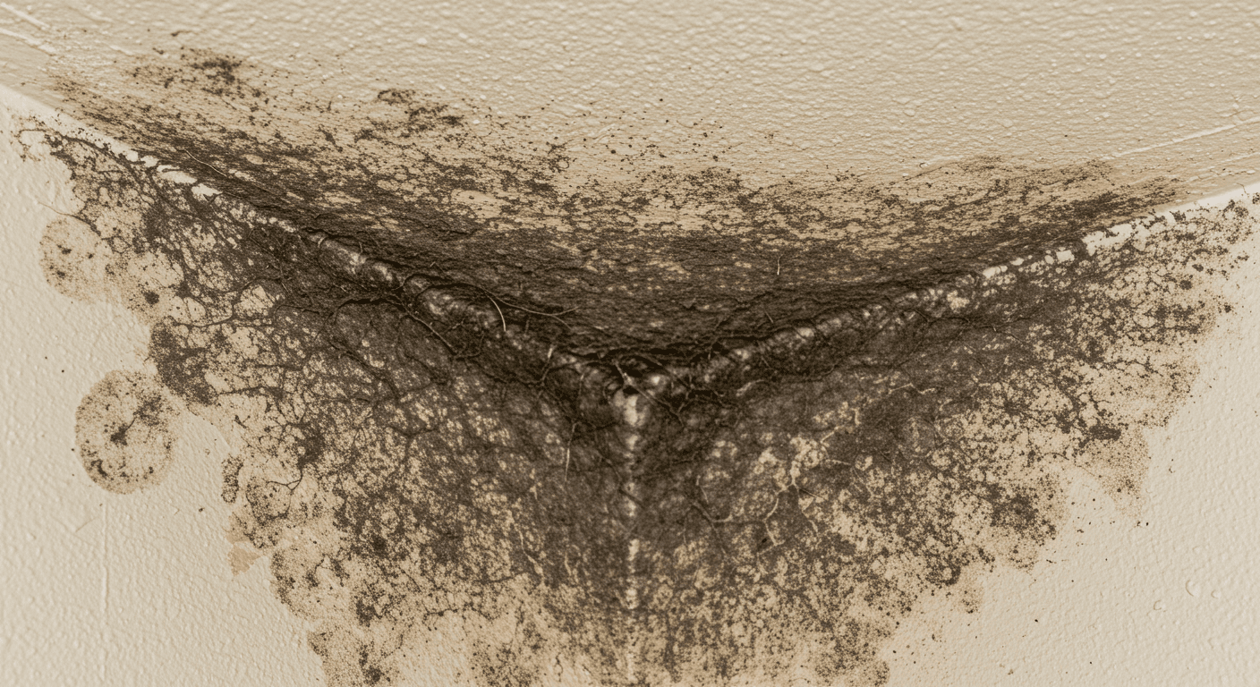 A close-up view of a corner in a home where black mold is visibly growing on the wall and ceiling. The image captures the texture and color of the mold, highlighting the seriousness of the issue.