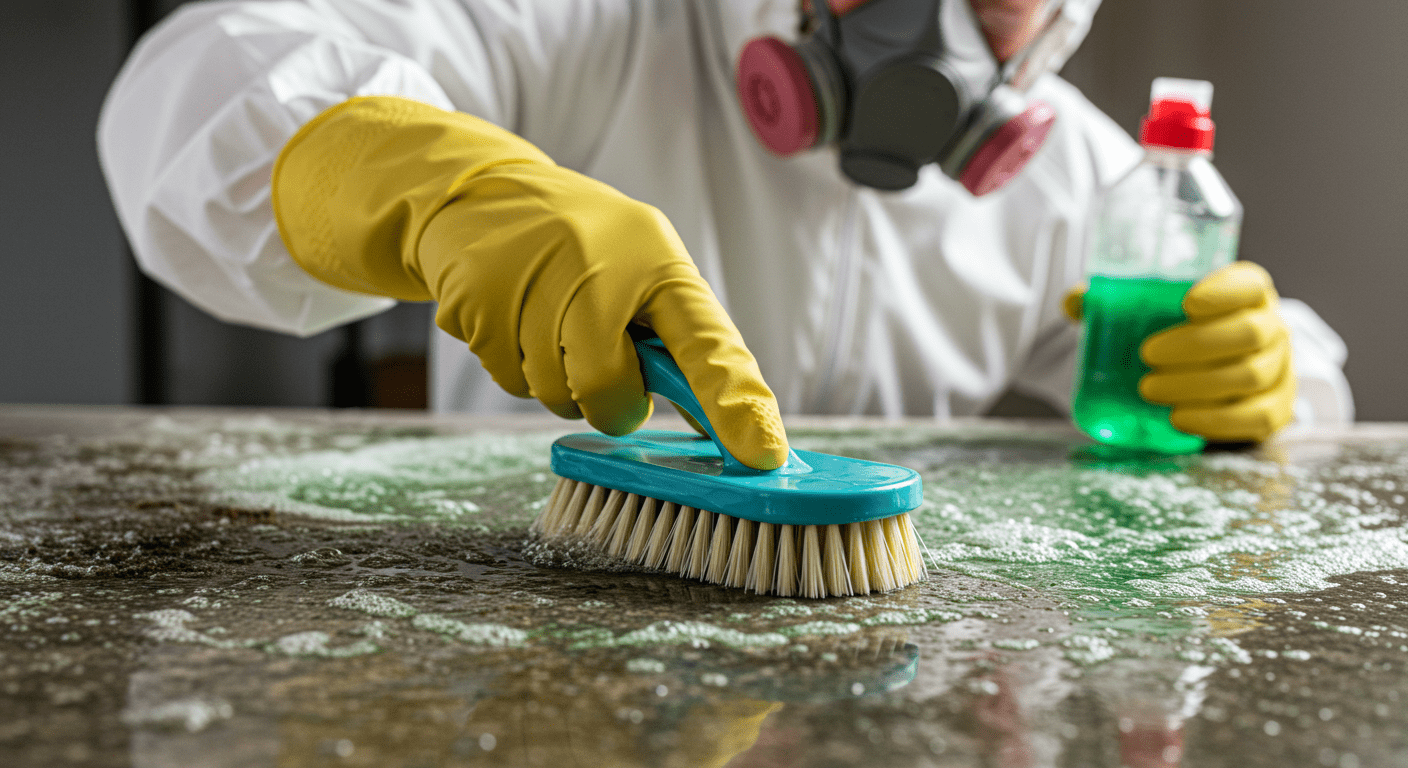 A person in protective gear actively cleaning a moldy surface with a scrub brush and eco-friendly cleaning solution.