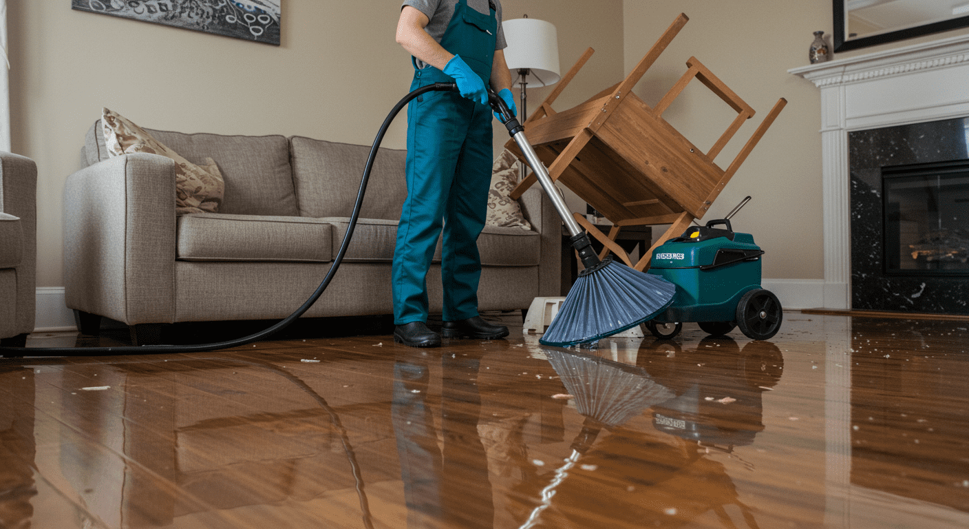 A professional technician using a powerful water extraction machine in a flooded living room. The scene shows water pooling on the floor, with furniture elevated on blocks to prevent damage.