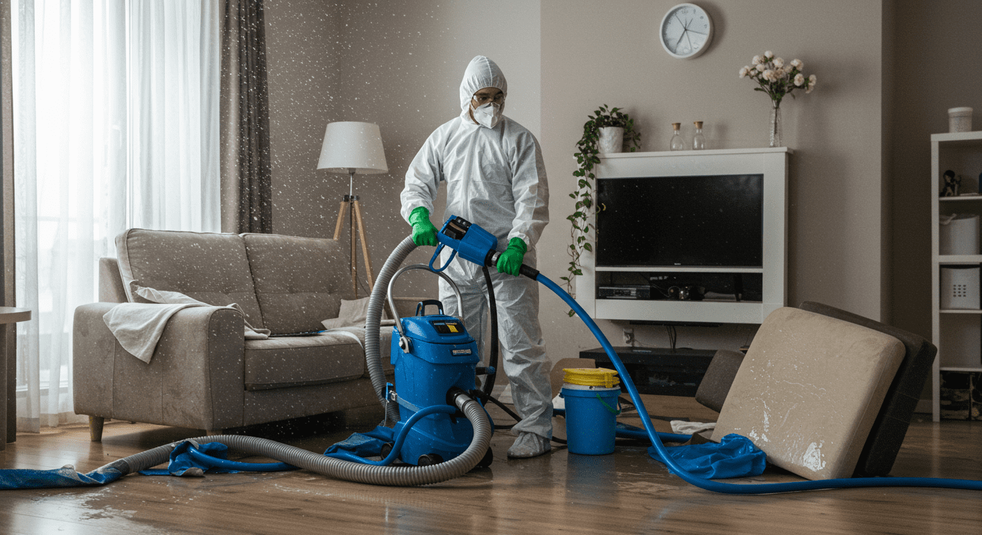 A technician in a protective suit using a powerful water extraction machine in a flooded living room. Water is visibly being sucked out, and furniture is slightly elevated to show the urgency of the situation.