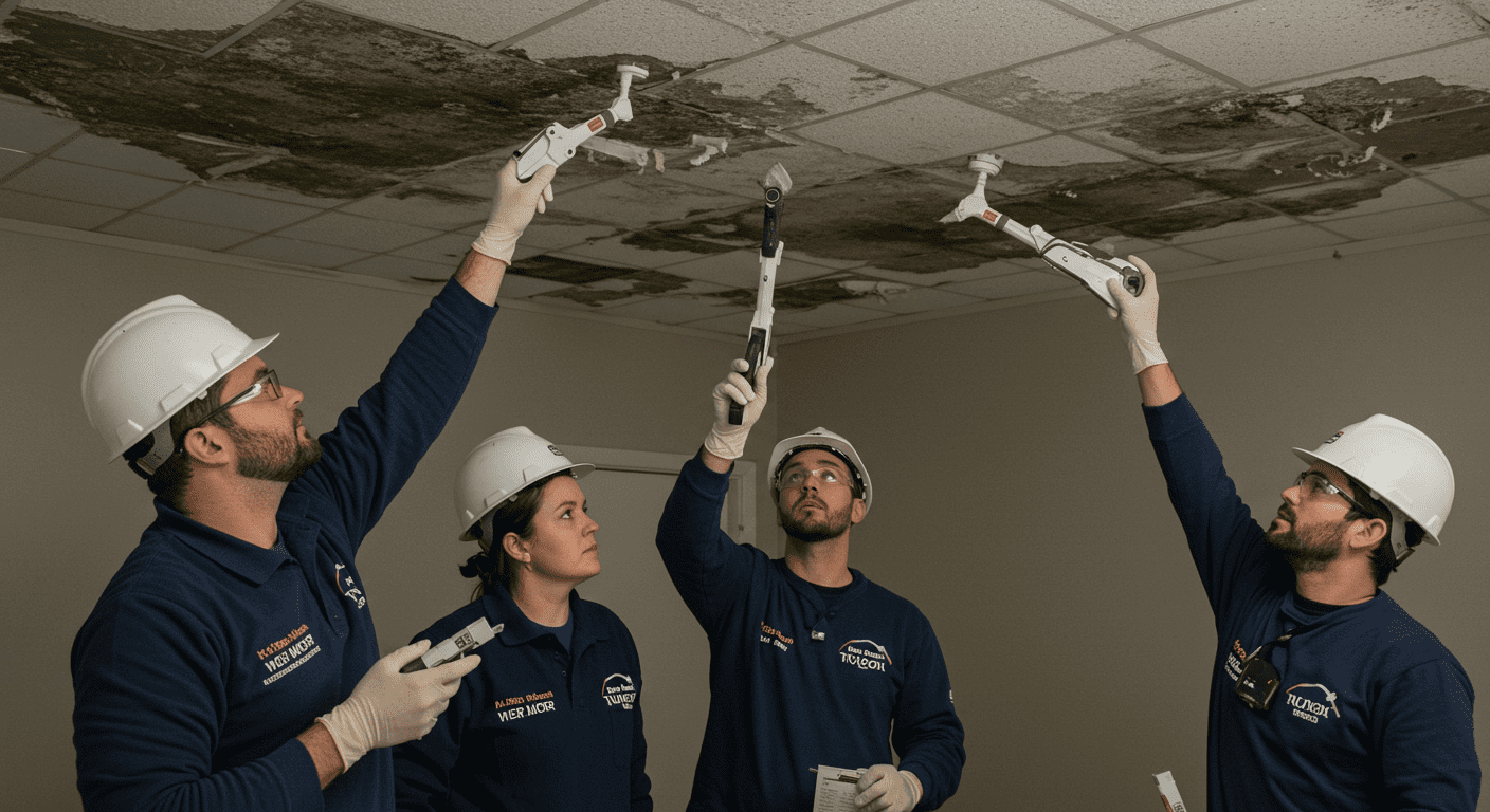 A team of certified mold removal professionals in action, using specialized equipment to remove mold from a ceiling. They are focused and working together efficiently.