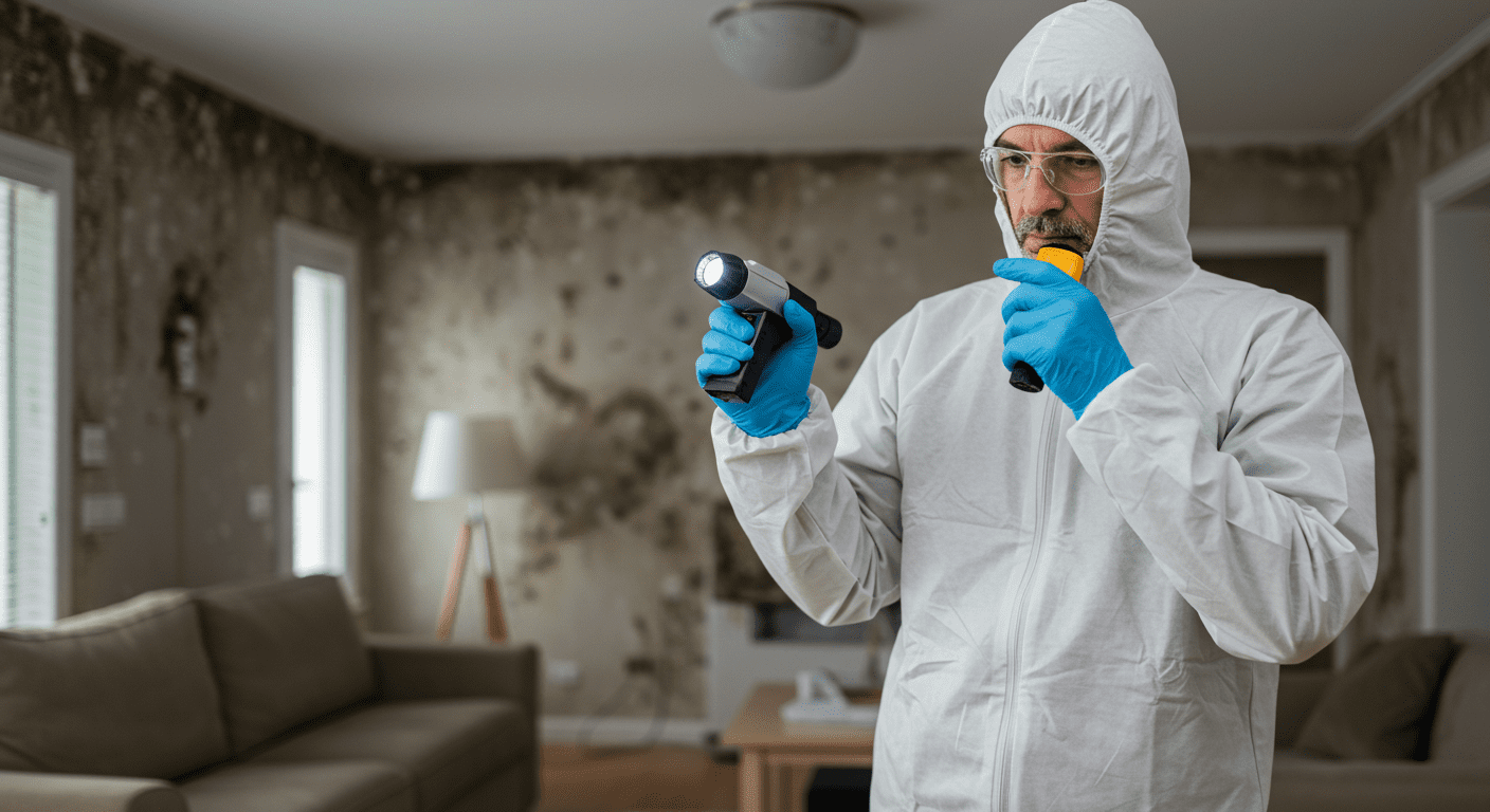 A professional mold inspector examining a residential property with a flashlight and mold detection equipment. The background shows a living room with visible mold patches on the walls.