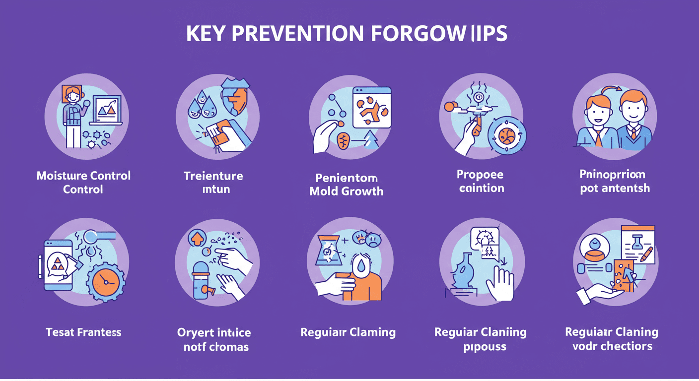 An infographic-style image illustrating key prevention tips for mold growth, such as moisture control, proper ventilation, and regular cleaning. The design uses icons to represent each tip visually.