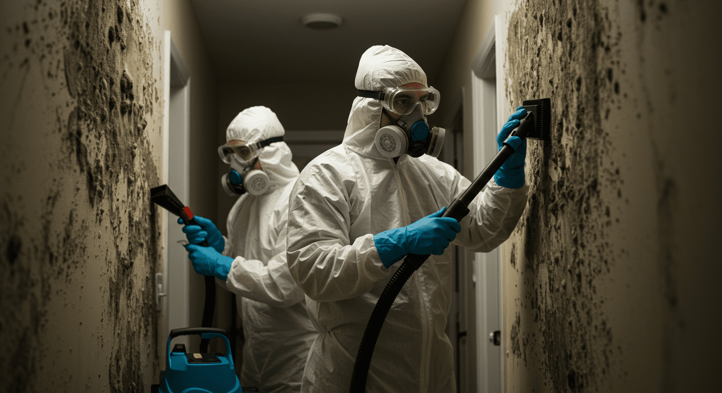 A professional mold remediation team in protective gear working in a home, using equipment to remove mold from an affected area.