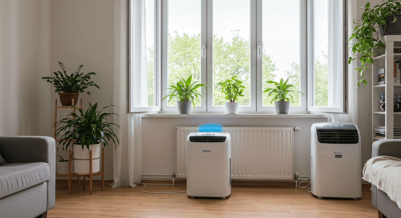 A bright and airy image of a well-ventilated room with open windows, plants, and dehumidifiers, emphasizing a clean and dry environment to prevent mold growth.