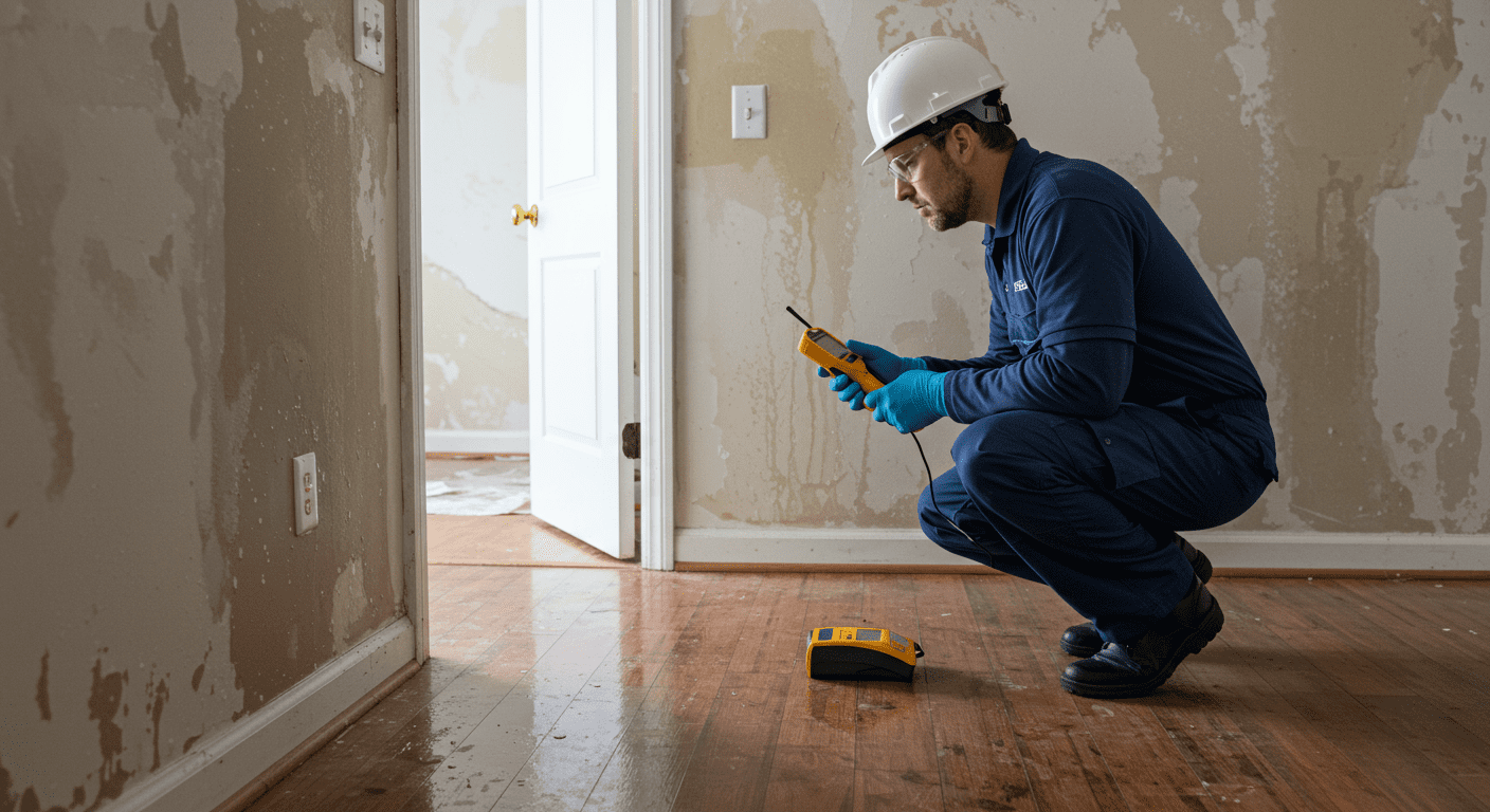 A professional technician inspecting a home with visible water damage on the walls and floors. The technician is using a moisture meter to assess the extent of the damage.