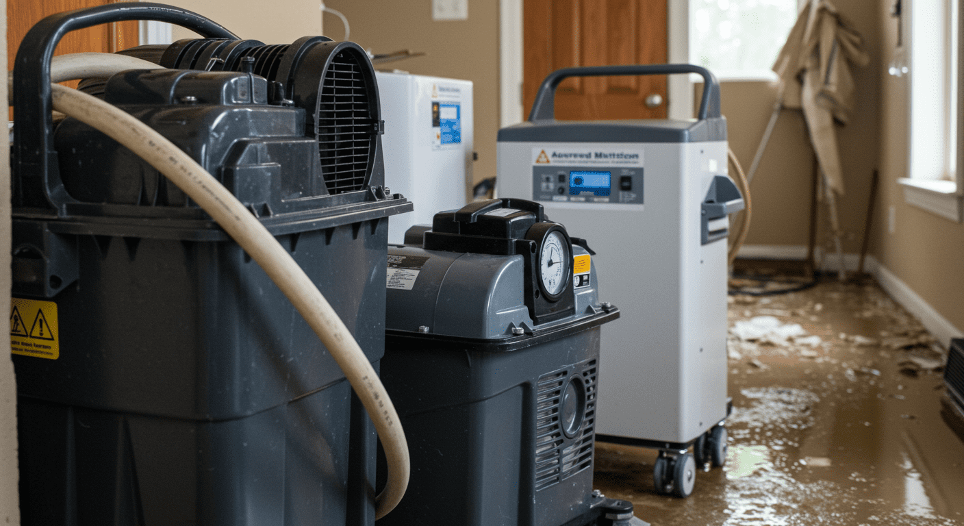 A close-up of advanced water mitigation equipment, such as industrial dehumidifiers and water extraction machines, set up in a home environment. The background shows a partially flooded room, emphasizing the urgency of the mitigation process.