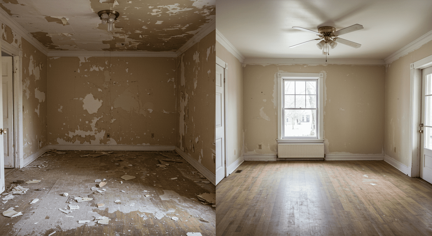 A before-and-after comparison of a water-damaged room that has been fully restored, showcasing the transformation.