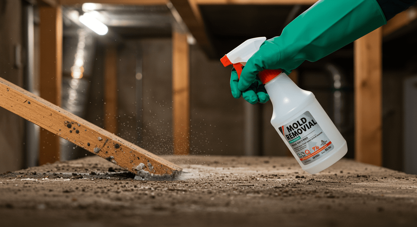 A person using a spray bottle filled with a mold removal solution, actively cleaning a surface in a basement. The setting is well-lit, showing the contrast between clean and moldy areas.