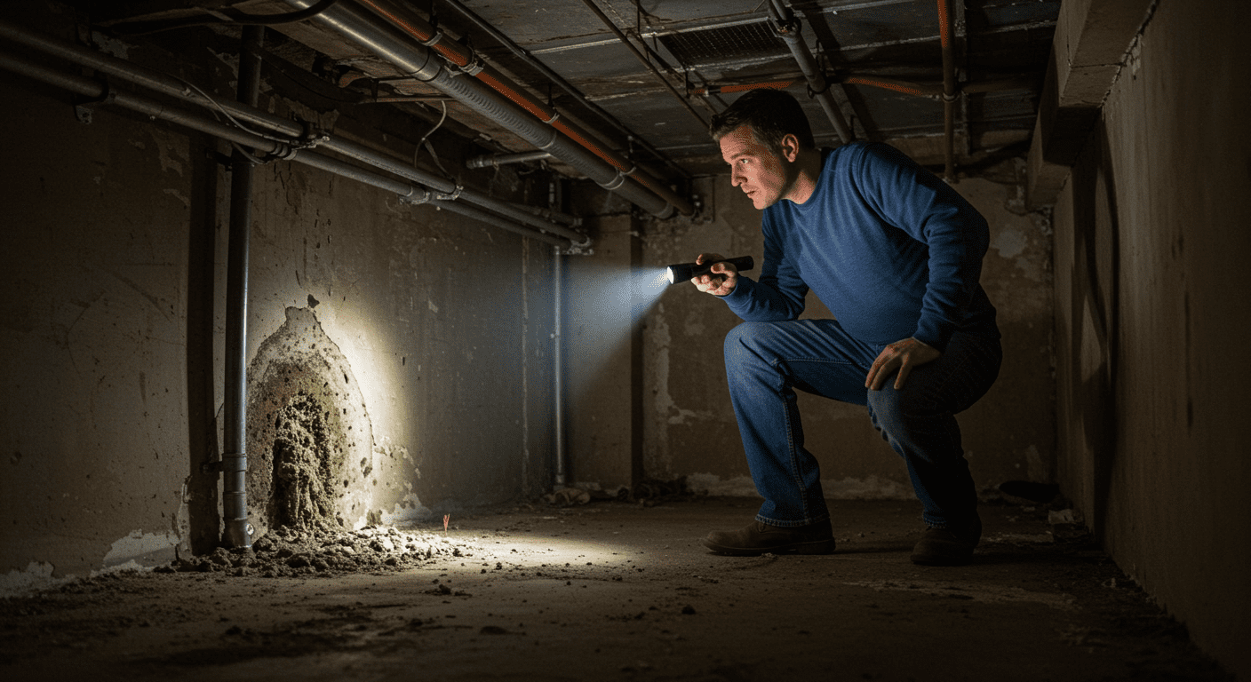 A homeowner inspecting their basement for mold growth, with a flashlight illuminating areas prone to moisture. The image conveys a sense of vigilance and proactive prevention against mold.